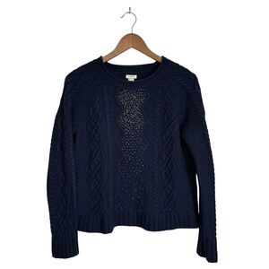 J. Crew Women’s L Navy Blue Beaded Wool Blend Cable Knit Sweater